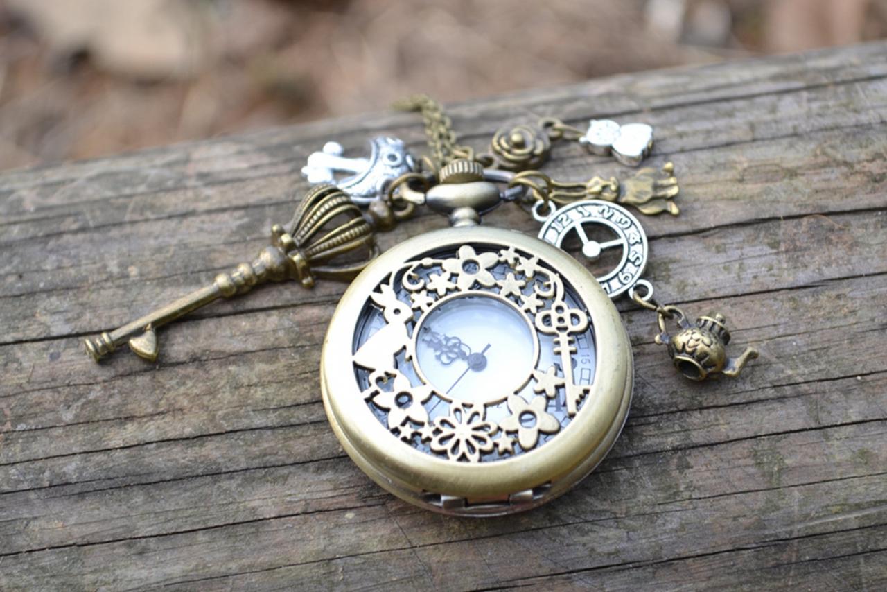 Alice in wonderland pocket watch necklace hot sale