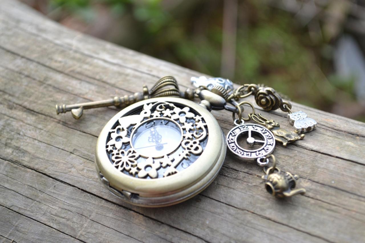 Alice in Wonderland Large Pocket Watch Necklace in Silver