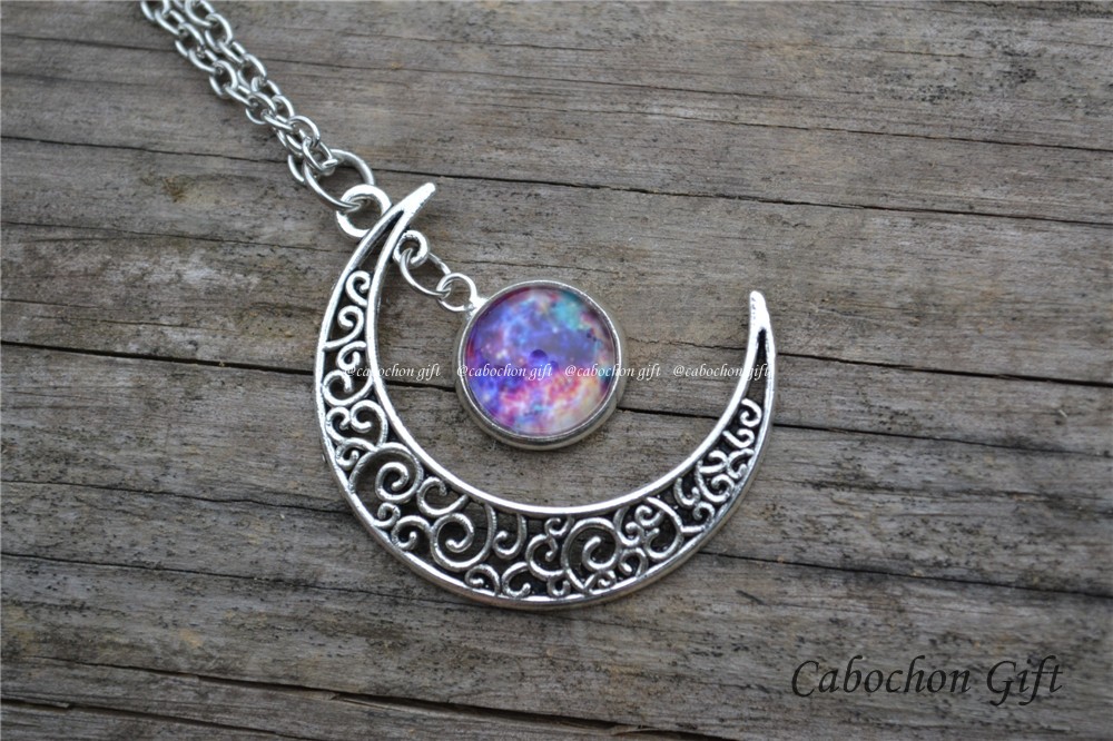 Moon And Galaxy Necklace,steampunk Moon And Purple Galaxy Nebula Space ...