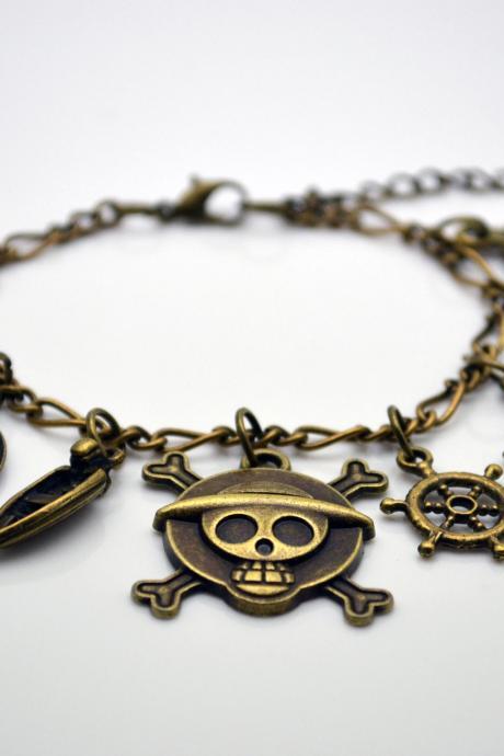 Anime One Piece Charms Bracelet, Steampunk Antique Brass Telescope Anchor Hat,boat Rudder Pirate Fish Bone And Compass Charm Bracelet